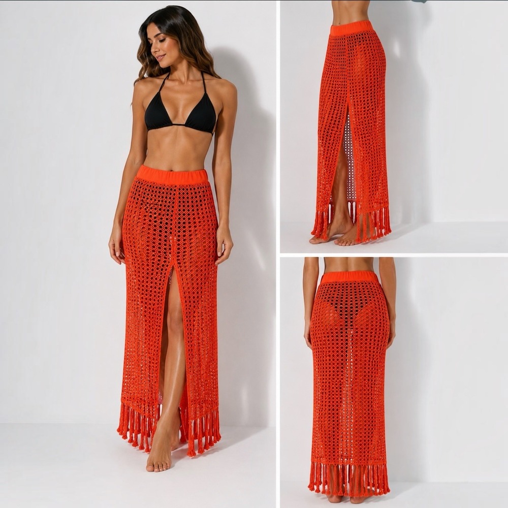 Orange Crochet Maxi Skirt Fringe Side Slit Boho Beach Cover‎ Up S Cane Weave